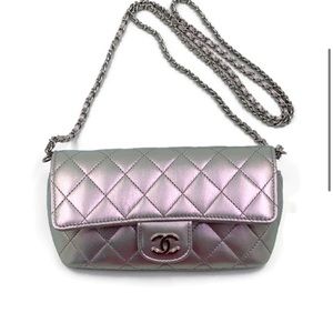 Authentic CHANEL Iridescent Purple Calfskin Mini Flap Crossbody Bag in SHW